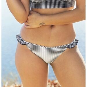 Aerie Bikini Bottoms Womens Large Black White New Striped Gingham Ruffle Swim